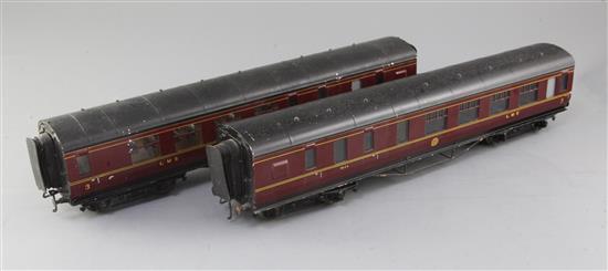 A pair of Exley LMS side corridor brake coaches, no.6444 and no.5534, in crimson